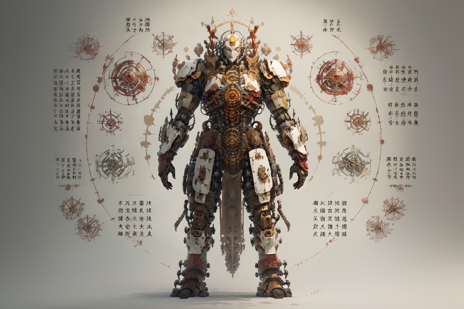 best quality, master piece, 1 mecha ,  strong, red chinese armor,   engineering mapï¼ text, swordï¼gun, weapon, <lora:QM...