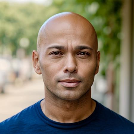 1boy, man, ericjudor, male focus, portrait, focus on face, solo, surprised, looking at the viewer, outdoors background, shirt, blurry background, bald, <lora:Eric_Judor:1>
