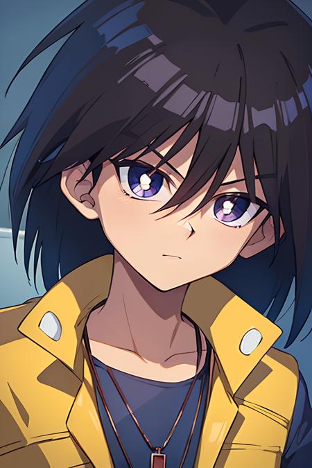 (masterpiece, best quality, ultra-detailed), 1boy, black hair,portrait shot, looking at viewer, serius expression, Mokuba Kaiba