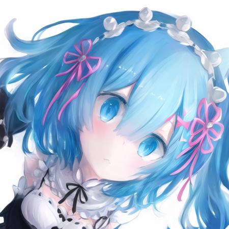 <lora:konekomariepoch-000003:1>, NSFW, rem (re zero), re zero kara hajimeru isekai seikatsu, koneko mari, 1girl, animal ear fluff, animal ears, bangs, blue eyes, blue hair, blush, dress, female focus, hair between eyes, hair ornament, hairpin, kemonomimi mode, looking at viewer, maid, maid headdress, matching hair eyes, medium hair, signature, simple background, solo, upper body, white background 