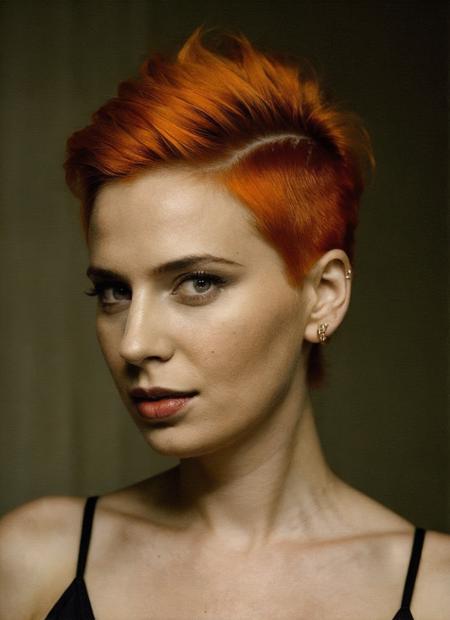 portrait of sks woman by Flora Borsi, style by Flora Borsi, bold, bright colours, orange Mohawk haircut, ((Flora Borsi)), <lora:locon_annedudek_v1_from_v1_64_32:1.25>