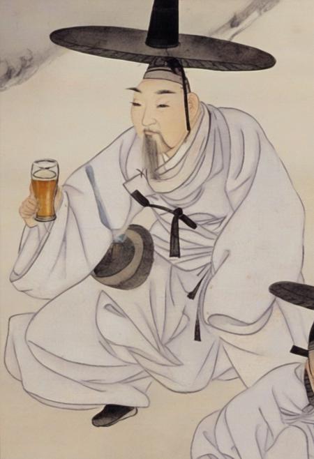 shinyunbok painting, a man with a hat holding a beer bottle <lora:yunbok:1>