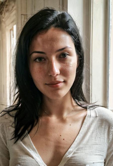 instagram selfie , a 23 year old gorgeous woman , slight cocky smile , detailed skin face and eyes ,  long black hair, wearing a silver necklace, film grain, low contrast, natural face , freckles , black hair , green eyes, dark circles under eyes, in a cute apartment in paris, golden hour, hard nipples , cocky, sassy, welcoming, thankful, relieved, smile