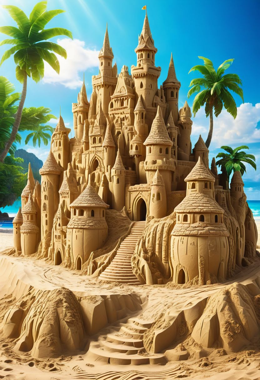 sand sculpture of a castle,magnificent,tropical beach,close up