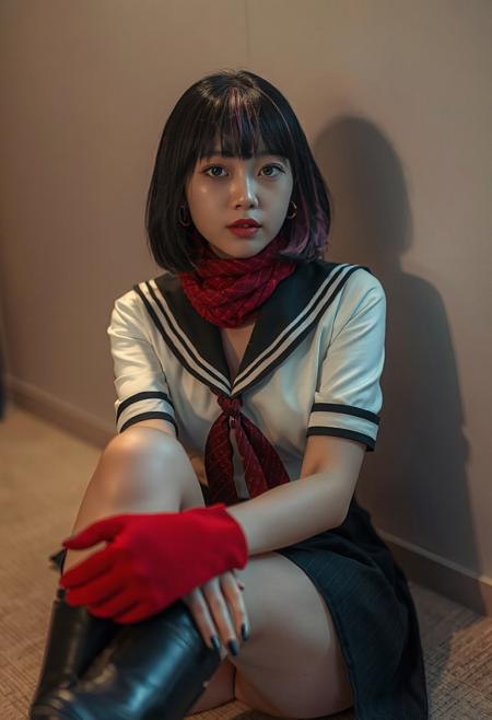 DLSR photograph, slender, beautiful extremely sexy 26 year old korean model . Pale skin, 
lighting<lora:MoriiMee_Gothic_Niji_Style_FLUX:0.3500000000000001> <lora:AsirAsianPhotographyflux:0.7000000000000002>
 (score_9, score_8_up, score_7_up), best quality, ultra highres, realistic:0.7, solo, girl, 22 year old, silk black hair with pink highlights, straight short hair, hime cut, bangs, big bright eye, flat perky chest, sexy pink lips, half lips, detailed eyes, eyeshadow, shy, cute smile, a quarter closed eyes, BREAK slim figure, tall body, wide hips, shiny pale skin, outstanding style, sexy, pale skin, smart looking, Expressive, wearing sailor uniform, pleated skirts, thigh highs boots, warm scarf, red gloves)),  pensive, light smile, closed mouth, presenting her face, horny, face focus, looking at viewer, eye contact, face focus, tight ass, sexy face, black nail polish, presenting her breast, breast focus, earrings, detailed face, detailed skin, sexy, rim lighting, two-tone lighting, low key, (extremely closed-up, near viewer), god rays of light, sitting, crossed legs, knees in front of the viewer, view from below,