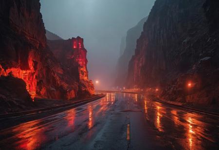 AT NIGHT, GLWOING CITY. WET ROAD, DARK AT NIGHT. 
RED COLOR LIGHT FROM BUILDING, HUGE CLIFFS IN BETWEEN, LANDSCAPE AND VALLEYS. In 3038, the last Arizonian substation fails and as a result, a merger between Wallace and Weyland-Yutani sees the construction of several supply depots across remote America.
Blade Runner ambience, cyberpunk ambient music, sci-fi ambience, relaxing cyberpunk music, focus soundscapes, focus ambience.