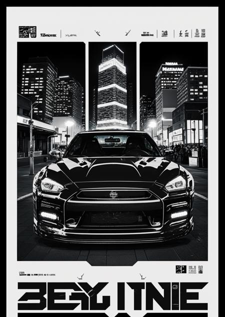 (((heavy font title))), (poster, texts, logos, glyphs), ((black and white and red)), (3/4 view of nissan skyline gtr) (in a city at night scenery), ((best quality)) , <lora:acid 3:1> <lora:skylineR34-v1.0:0.1>