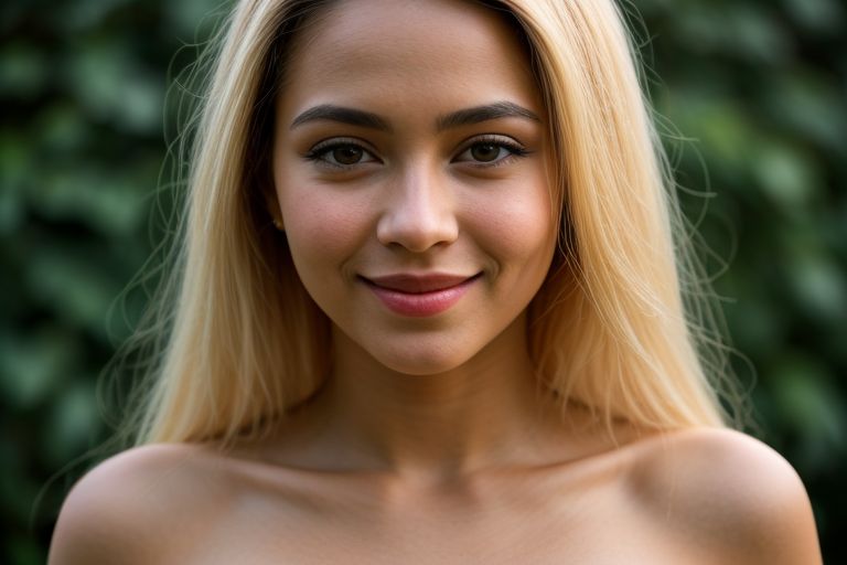 Nigerian, ebony, brown_eyes,  fantastical, , bare shoulders, white lace criptotop, long blonde hair,
detailed_face, confident smile,
soft_lips,
flat_chest, 
bokeh,
innocent,