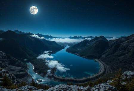 POV, on top of a mountain, looking down from mountain top, geological basin at the base of mountain, rivers leading to basin from mountains, basin surrounded by mountains, shore line, trees, clear blue water, cloud streams, mist over basin, at night, dark, moon, moon light, glowing orbs in air around basin, glowing orbs under water surface, stars, night sky, nebula, 3 moons in sky,