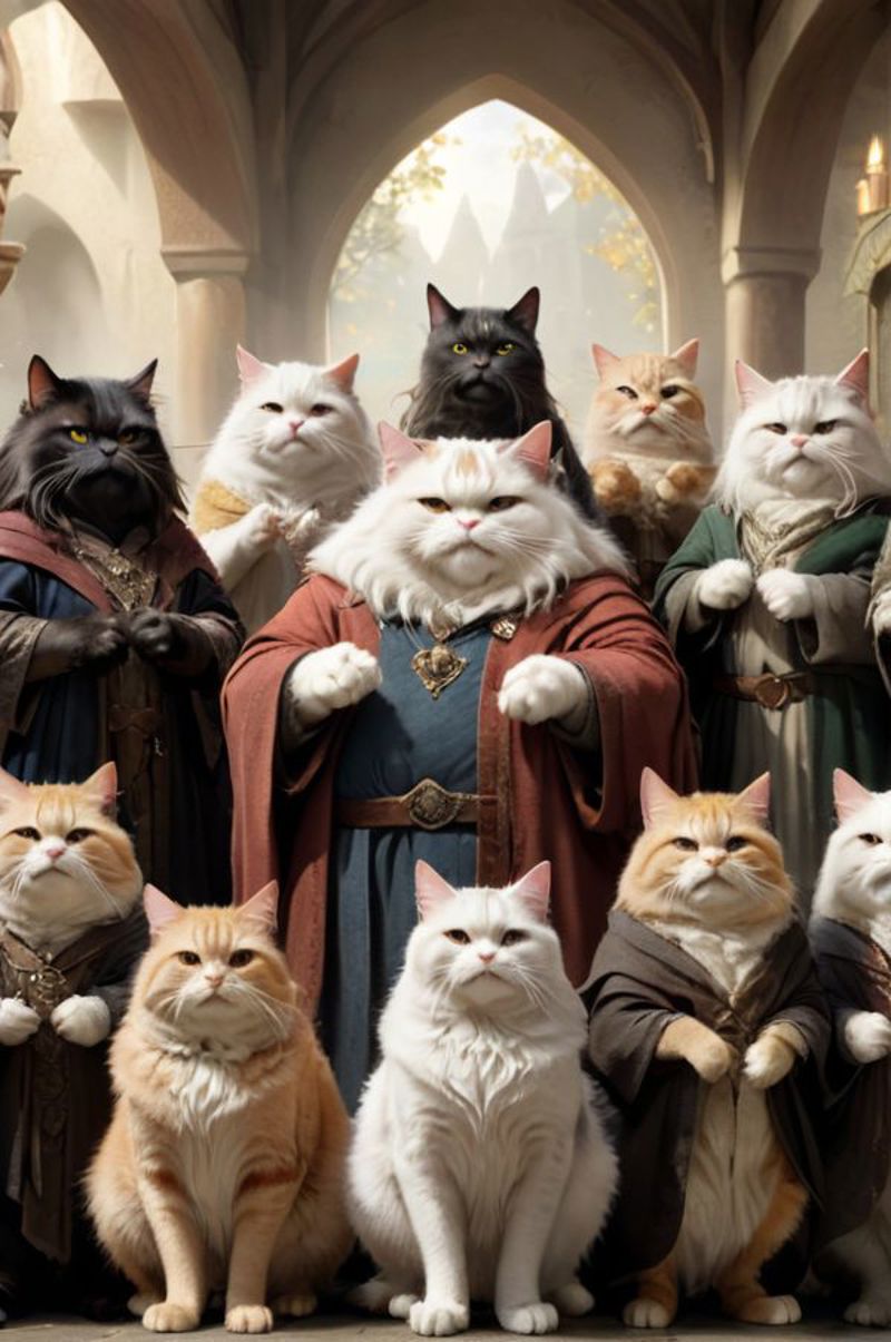 A group of cats posing for a photo, some dressed in costumes, and others in regular clothes.