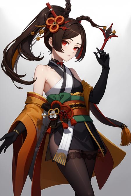 <lora:åç»-000019:1:lbw=role>,qianzhi,hair ornament,red eyes,japanese clothes,brown hair,kimono,gloves,bangs,black gloves,multicolored hair,hair flower,side ponytail,elbow gloves,pantyhose,, 1girl,
,  (masterpiece,best quality:1.2),absurdres