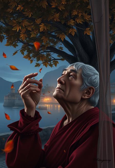 (photorealism:1.5)
1 oldman, full body, thoughtful expression, gazing at the majestic tree, falling leaves,  calm coastal village in the background, night time, pale colors, high contrast, hyper-realistic, serene atmosphere, pensive pose, detailed, high-definition, reflective mood, peaceful setting,
slight freckles, long eyelashes, thick eyebrows, torn pelvic sheer curtain, bridal gauntlets, torn red dress,