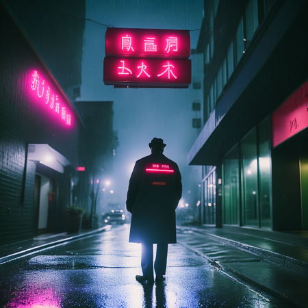 photo, a man standing in the rain in front of a building with neon signs