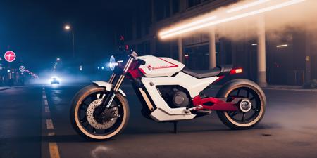 Sci-fi motorcycles,red and white science fiction ground industrial construction vehicle in crowded downtown streets, science fiction, cinematic lighting, night time, volumetric light, imax, dslr, highly detailed, volumetric fog, dystopian vibes, dutch angle, cinematic angle<lora:Sci-fi motorcycles:0.8>