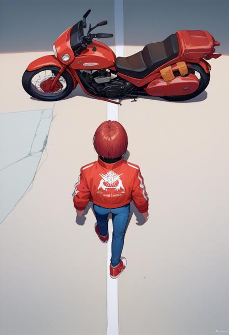 akiraposter, from above, from behind, walking, ground vehicle, motorcycle