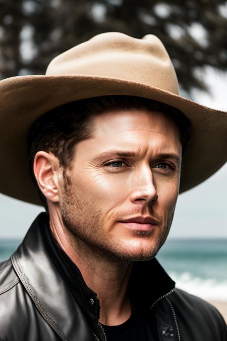 RAW photo, a close up portrait of jensen_ackles  in black clothes, wearing a cowboy hat, high detailed skin, skin pores, overcast weather, wind, waves, 8k uhd, dslr, soft lighting, high quality, film grain, Fujifilm XT3  <lora:jensen_ackles :1>