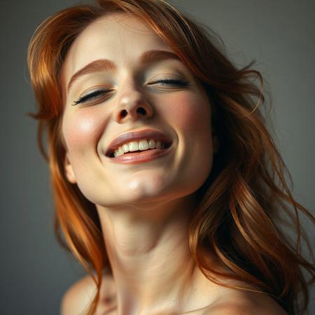Beautiful redheaded woman with nostrils wide, face flushed, mouth slightly open, head tilted back a bit, eyes half closed, pleased, aroused, head shot