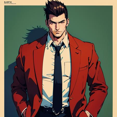 Best quality,masterpiece,ultra high res,1boy,male focus,solo,necktie,brown hair,jacket,red eyes,black border,hands in pockets,border,shirt,black necktie,black hair,simple background,school uniform,spiked hair,blazer,formal,white shirt,
<lora:vaporwave2:0.7>,