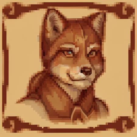 <lora:SNES Lord of the Rings Portraits - V1-000010:.5> snes_lotr_portrait, sepia tone, parchment_border, pixels, portrait,  <lora:Fox_Mccloud:0.5> on e621, fox mccloud, canid, canine, fox, male, solo, anthro, clothing