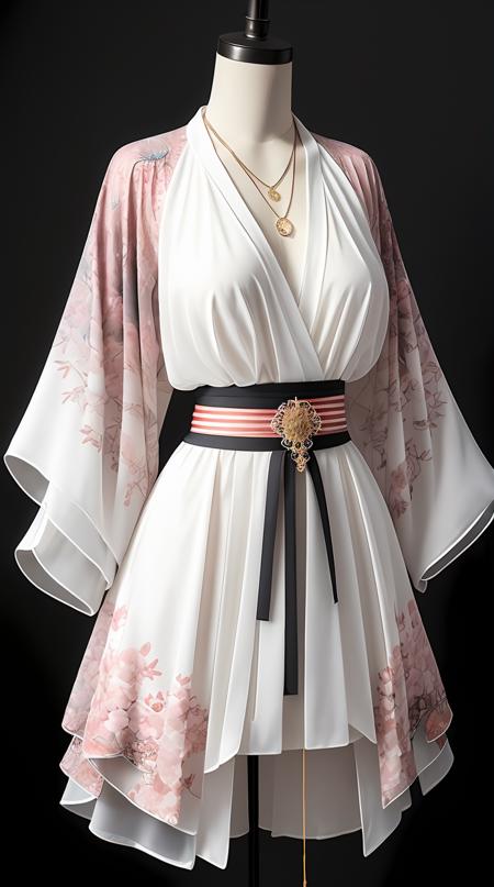 (best quality, masterpiece:1.2),photorealistic,ultra high res,front lighting,intricate detail,Exquisite details and textures,vibrant,face highlight,sexy,seductive,jewelry,necklace,floral print,japanese clothes,breasts,head out of frame,dress,joints,kimono,sash,bracelet,arms at sides,standing,simple background,see-through,wide sleeves,white dress,black background,(no humans:1.4),