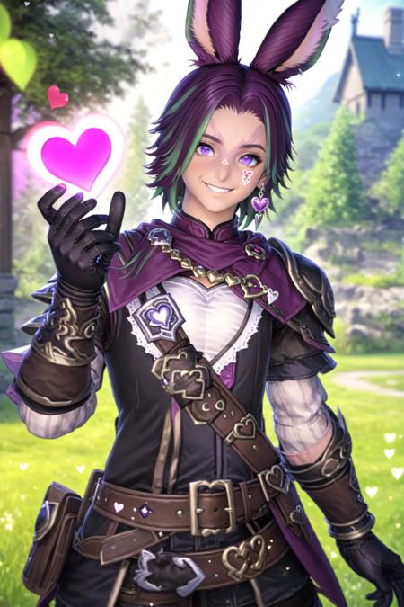 Khitli Viera,  solo,  looking at viewer,  smile,  short hair,  violet hair,  gloves,  1boy,  animal ears,  heterochromia,  green eyes,  jewelry,  purple eyes,  weapon,  male focus,  heart,  earrings,  outdoors,  green hair,  black gloves,  belt,  hand up,  rabbit ears,  blurry background,  facial mark,  floating hearts,  viera, <lora:EMS-44604-EMS:0.600000>