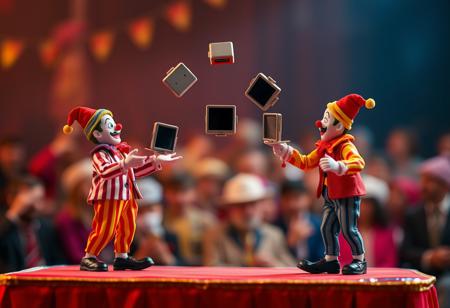 tiny clowns juggling, tiny computers hovering in the air between them, circus audience behind, bokeh