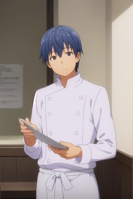 hiroomi souma, (brown eyes:1.3), blue hair, male focus, apron, buttons, waist apron, white pants, chef,