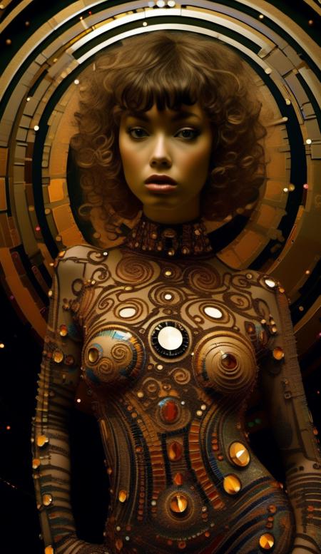 Beautifull model wearing a jeweled dress, Saturno Butto, Gustav Klimt, dynamic posing, futuristic ambient surrounding, sophisticated, hyperreal, surreal art, world, soft lighting, detailed, photorealism