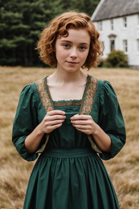 RAW Photo, close up portrait, BREAK
Sophia Lillis with curly hair, BREAK
Medieval, (Scottish, young woman, Sophia Lillis, standing outside), BREAK
thin, wearing emerald green colored clothes, long medieval dress, Turmeric colored, curly Copper hair, freckles, BREAK 
folklore, traditional maid dress, green colored, BREAK
photorealistic, soft lighting, vibrant colors:1.8, 105mm professional photography, (vintage style:0.25), (high detailed skin:1.2), 8k uhd, dslr, soft lighting, high quality, film grain, Fujifilm XT3, BREAK 
<lora:add_detail:0.25>, Scottish highlands, castle