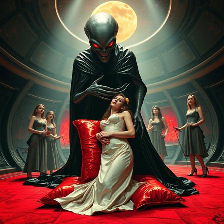 high-society elegant slender norvegian rich innocent young bride  kneeling  at weird red glossy foil pillow. She is ensnared by a towering, gray human-like alien, draped in a long, glossy wet-look black slime cloak, its eyes gleaming red with an otherworldly intensity.  its hands  ripping her corset. Its tentacles coiling her neck. Encased in light beam from the alien breeding chamber celling. Surrounded by strict ladies wearing glossy satin dominatrix attire, full skirts and glossy high heels,  holding whips.   weird wet-look black slime  walls and floor, colossus observation blister to outer space full of stars, bright red moon, vintage-inspired makeup, long hairs, ultra thin waist, evil grin, porcelain skin, lipstick, red nails, in the style of a haunting, retro-futuristic 1950s sci-fi nightmare, horror, alien space base,,