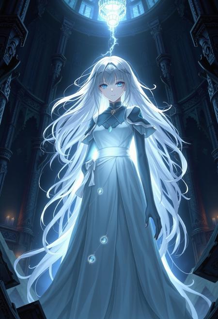 Score_9, score_8_up, score_7_up , masterpiece, high quality, 4k, 1girl, sorceress, shining eyes, white hair, dark mysterios look, white lightnning surround sorceress, from ground rise deads, view front, background: magic room in tower, night, full growth