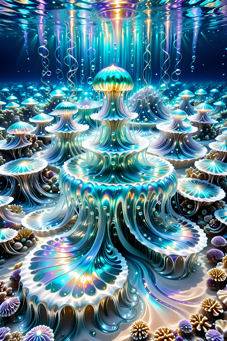 A surreal underwater realm where coral castles drip with glowing pearlescent syrup,jellyfish float like silk lanterns above a pearly sand floor,and luminous mermaids paint ocean currents with swirling trails of light and flowing pigments,magical realism,photoreal style,intricate lighting,A magnificent goddess stands in crystal clear water by flowing rivers of iridescent liquid pearl,Her long hair fluttered in the bright water,the swirling currents reflecting shimmering silver glow,
lavender,and soft gold,the entire scene glowing with divine radiance and surreal mysticism,photorealistic,ultra-high detail,ethereal light,
made of l1qu1dp34rl,pearlescent,flowing through bioluminescent coral reefs,iridescent bubbles rising in turquoise water,hyper-realistic translucency,pearlescent,
Masterpiece,best quality,hi res,8k,hi res,8k,award winning,(sharp focus, intricate, highly detailed),<lora:SDXLFaeTastic2400:0.4>,<lora:liquidpearlXL_r1:1>,<lora:TrendCraft_The_Peoples_Style_Detailer-v2.1A-3_12_2025-SDXL:0.8>