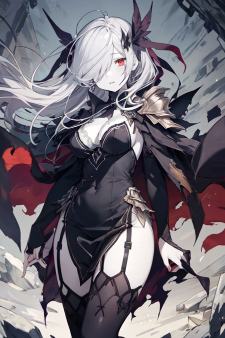 BeastDAL, 1girl, solo, pale skin, white hair, very long hair, red eyes, black thighhighs, hair over one eye, black dress, cleavage, medium breasts, cape, garter straps, torn cape, ribbon, detached sleeves, shoulder armor, side slit, pauldrons, black sleeves, sideboob, 