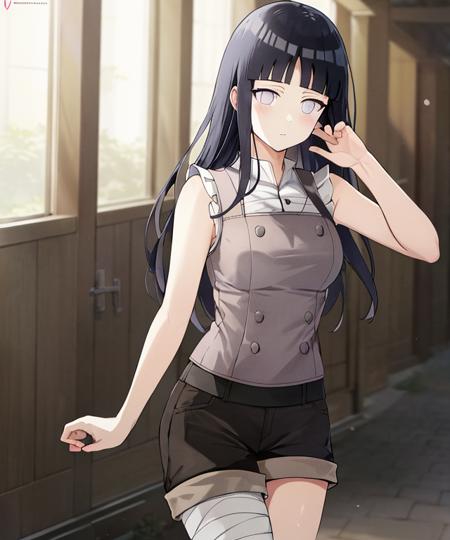 Best quality, absurdres, ultra-detailed,  <lora:HinataV3:1>, hyuuga hinata, Hinata-Sleeveless-Outfit, sleeveless_shirt, black_shorts, bandaged_leg