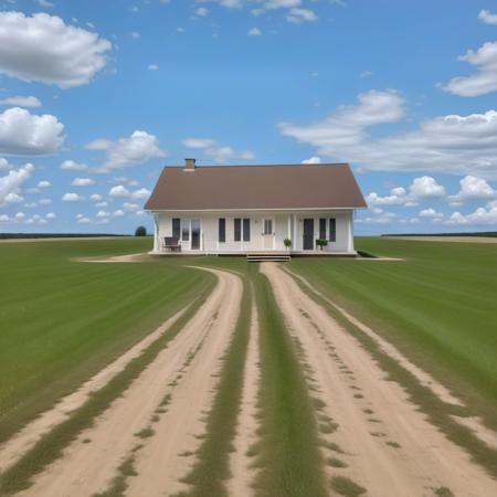 outdoors, dirt track, mud, small cottage, grass, open meadow, sky, clouds, <lora:Liminal_Spaces_XL:1>