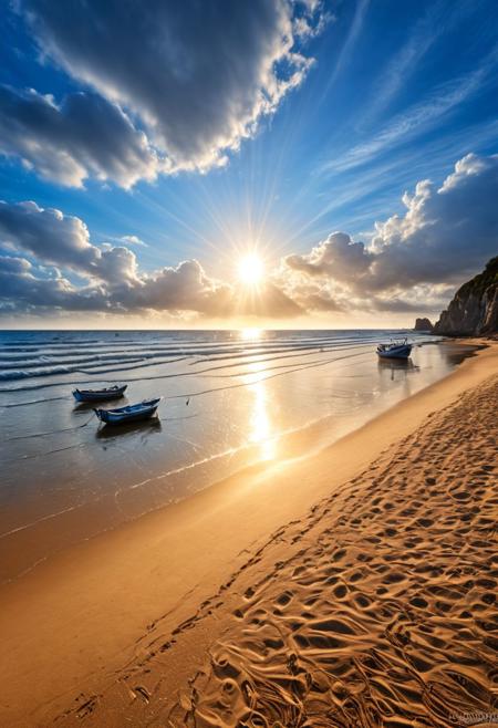 a rising sun on a Brittany beach in a magical light and with brightly cloudy spirit, daylight on a beach, fishing boats in the distance, sharp lines, smooth shading, (sharp:1.2), (detailed:1.2), (HD:1.2), (HDR:1.2), (8K:1.2), (best quality:1.2), (best resolution:1.2), maximalist, (masterpiece:1.2),