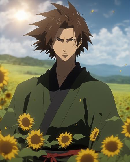 anime thunder wizard casting spell, young male, brown hair, brown eyes, samurai poor attire, green grasslands background, sunflowers, japanese countryside, trending on artstation, film, studio lighting, bokeh, sharp features, 2000s anime style