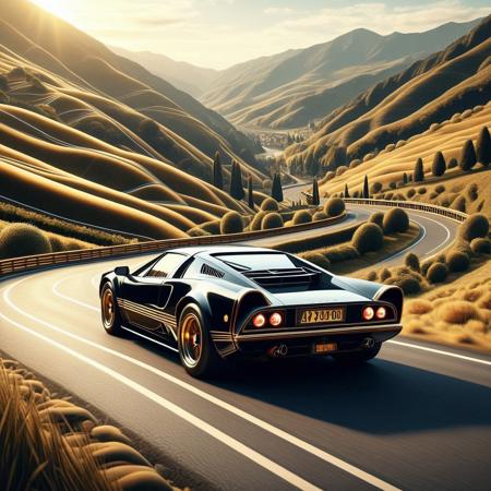 RetroBG, RetroLuxe, supercar moving through hills, gold lines, fantasy background, Masterpiece level quality, soft lighting, sharp focus, fine details, high quality, precise, high resolution, 4k, 8k,