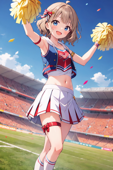 suou momoko, going charmy, miniskirt, sleeveless, frilled skirt, tree, looking at viewer, long hair, hair ribbon, blue sky, open clothes, short hair, hoodie, blush, pom pom (cheerleading), open mouth, collarbone, blue eyes, :d, kneehighs, brown hair, hood, ahoge, armpits, cheering, stadium, cheerleader, vest, standing, arm up, arms up, sky, thigh strap, day, clothes writing, smile, bare shoulders, hair bow, dutch angle, white gloves, holding, wavy hair, striped bow, white skirt, white legwear, grass, sleeveless shirt, hair ornament, outdoors, outstretched arms, grey hair, white footwear, confetti, armband, midriff, navel, crop top, holding pom poms, cloud, 1girl, wristband, solo focus, blonde hair, socks, shoes, eyebrows visible through hair, pleated skirt, blue vest, open vest, red bow, multicolored bow, star hair ornament, arm ribbon, hood down, drawstring, two-tone skirt, back bow, striped ribbon, thigh ribbon, hooded vest <lora:suou_momoko_locon_v1:0.7>