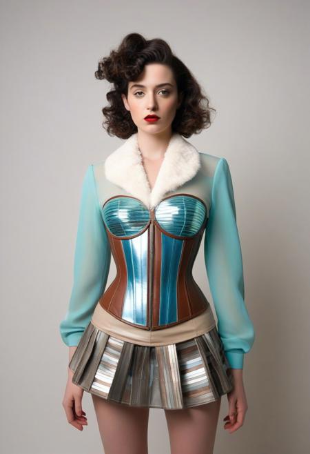 The image is a photograph featuring a woman standing against a plain, light grey background. She is wearing a unique, eclectic outfit that appears to be a custom-made, layered corset made from various pieces of fabric, including leather, canvas, and denim. The corset is predominantly beige, cream, and brown, with multiple layers of fabric sewn together, creating a patchwork effect. The image is a photograph of a person standing in a stylish, futuristic outfit. The subject is wearing a striking, high-fashion ensemble. The upper part of the outfit features a translucent, turquoise, sheer fabric top with horizontal stripes that create a textured, almost metallic sheen. The top is paired with a bold, high-waisted, silver metallic skirt. The skirt is composed of multiple, large, reflective plates that form a geometric pattern, giving it a futuristic and edgy look. The image is a photograph of a woman standing indoors, dressed in a vintage-inspired outfit. She has dark, curly hair styled in a 1940s wave and adorned with a decorative hair clip featuring a red flower. She wears a plaid blazer in shades of blue, brown, and white, which has a luxurious, faux fur collar. Beneath the blazer, she sports a white blouse with a hint of red visible at the collar.