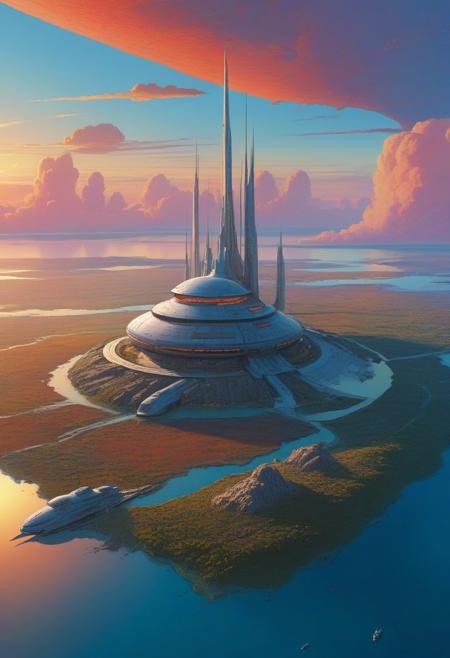 Art by Jean Giraud, Moebius, view from the sky, dawn, clouds, sunrise, small colorful sci-fi future outpost, surrounded by nature and water, UHD, 8K, masterpiece, detailed, ultra_high_resolution, detailxl