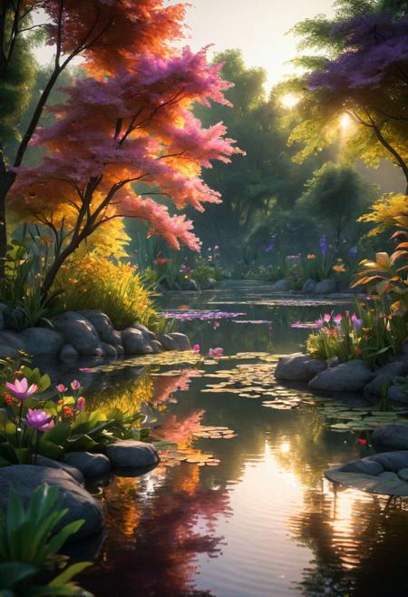 ultra-detailed, (realistic, photorealistic, photo-realistic),  beautiful peaceful evening pond, serene reflection of the sky and clouds in the calm water, captivating atmosphere with warm sunset lighting, golden rays of sunlight filtering through the trees, twilight, sunset light, gentle ripples spreading across the surface, tranquil setting adorned with blooming lotus flowers and water lilies, faint chirping of birds in the distance, subtle breeze rustling the leaves, scattered rocks adding depth and texture to the pond, lush greenery surrounding the pond, just the right balance of light and shadow, impressionistic style with soft brushstrokes, warm color palette with shades of gold, orange, and purple, subtle play of light and shadow enhancing the mood, soothing and calming ambiance, perfect harmony between nature and tranquility, Depth of field, wallpaper, high contrast, intricate details, volumetric lighting, (dynamic composition:1.2), highly detailed, colorful details, (iridescent colors:1.2), (glowing lighting, atmospheric lighting), dreamy, magical, (solo), lens flare, (colorful:1.0), Cinematic light, high-res, sharp focus, smooth, colorful light, particles, (rainbow colors schemes),