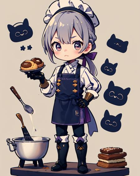 (best quality, highest quality:1.2), simple background, chibi, baked goods, kitchen, 1boy, solo, standing, baking, mixing bowl, focused, <lora:JakobFE-bsinky-v1:0.9> defJakob, low ponytail, gloves, boots, apron, chef hat  <lora:Cutedoodle_SD15-000008:0.65> cute doodle