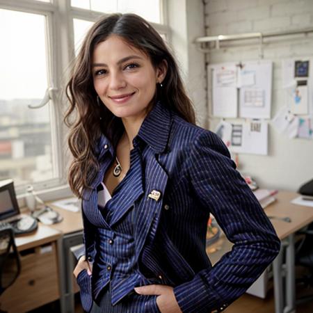 <lora:Monica1873Bar:0.9> a woman, m1873b, solo, wearing blouse, waistcoat,. jacket, trousers, in an office, wavy hair, smile