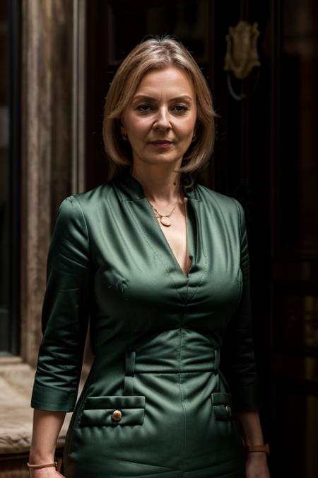 <lora:Liz_Truss:1> masterpiece, best quality, detailed face, 1woman, solo, a mature l1873t, realistic, green dress