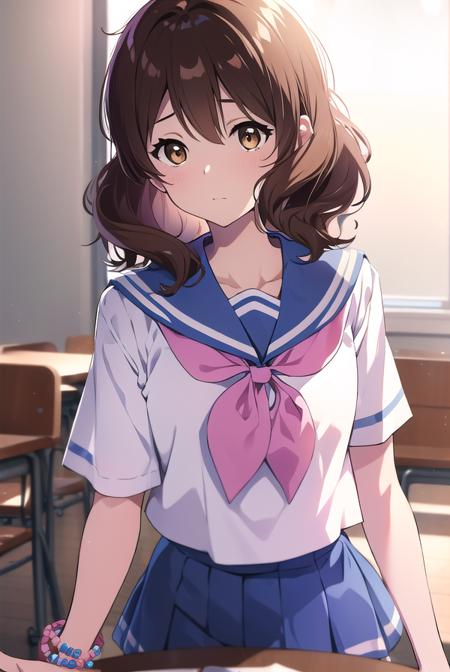 kumikooumae, <lora:kumikooumaetest:1>, 
kumiko oumae, (brown eyes:1.5), brown hair, short hair, wavy hair, (flat chest:1.2),
BREAK blue skirt, bracelet, kitauji high school uniform, neckerchief, pink neckerchief, pleated skirt, school uniform, serafuku, shirt, short sleeves, skirt, white shirt,
BREAK looking at viewer,
BREAK indoors, classroom,
BREAK <lora:GoodHands-vanilla:1>, (masterpiece:1.2), best quality, high resolution, unity 8k wallpaper, (illustration:0.8), (beautiful detailed eyes:1.6), extremely detailed face, perfect lighting, extremely detailed CG, (perfect hands, perfect anatomy),