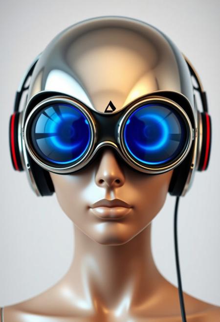 The figure's head is encased in a streamlined helmet, predominantly chrome with black accents. The helmet appears highly polished, with a smooth, almost glossy finish. Integrated into the helmet are large, circular, reflective lenses that cover the eyes entirely. The lenses glow with blue hue, giving off a cool, futuristic aura. These oversized goggles suggest an augmented reality or heads-up display function, typical of high-tech environments. Around the figure’s ears are sleek, futuristic headphones, which are seamlessly built into the helmet design. These headphones are primarily black with red, horizontal stripes along the side, indicating an interface for communication or audio enhancements. The skin tone appears smooth and artificial, hinting at synthetic or modified human characteristics