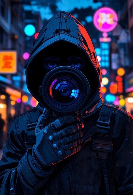 A mysterious hooded photographer stands in the heart of a neon-lit city at night, his face completely obscured by the large camera lens aimed directly at the viewer. The hood casts deep shadows over his face, making the glowing reflections in the lens the only visible aeyes.a The background is an explosion of vibrant bokeh lightsasoft, blurred circles of electric blues, neon pinks, fiery oranges, and deep purples from the bustling urban streets. Raindrops glisten on his jacket, catching the city lights. His gloved hands grip the camera firmly, the lens reflecting distorted images of the chaotic metropolis behind him. The scene is cinematic, evoking mystery, intrigue, and the feeling of being watched yet unseen.