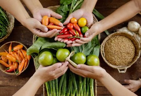 n abstract image representing the concept of ethical sourcing in South East Asian cuisine. This could include images of sustainable farming practices, fair trade certifications, or hands holding fresh produce with a focus on transparency and responsibility, 8k resolution,