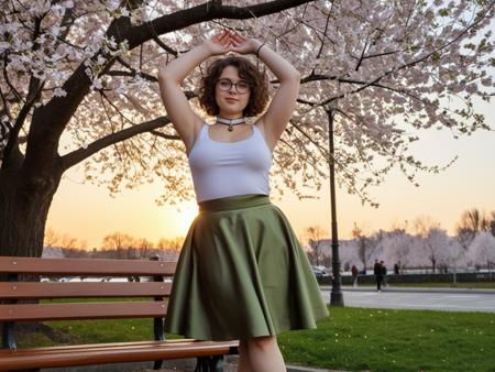 A amateur  street photography of a  29 year old Russian  Woman,fully clothed,solo,olive green eyes,(short Medium brown hair),kinky hairs Loose Curls ,,(chubby body:1.1),flat chest bouncing breasts,flat_ass,adorable,petite,mole,choker,glasses,
wearing   stylish sleeveless top with a flowing skirt made of soft satin, showcasing her elegance.,
full body,,(Balancing:1.2) standing lightly on toes with arms above head, dreamy gaze upward.,a quiet park bench under blooming cherry trees in early spring, soft petals falling in the wind and the golden sunset glowing through the branches.,